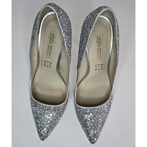 Womens Buffalo London Heels Glitter Silver Leather Lining Shoes SZ EU 38D/US 7.5 - Picture 3 of 9